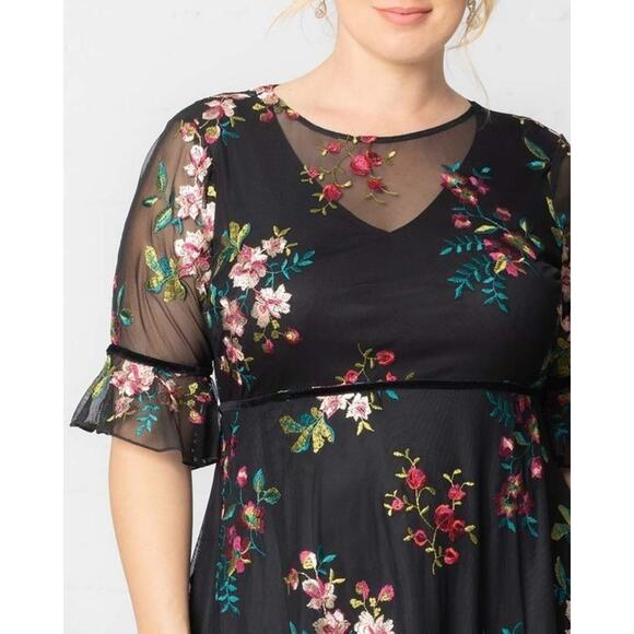 Kiyonna Dress Wildflower Style 4X Embroidered Flowers Velvet Trim Black Feminine - Picture 2 of 11